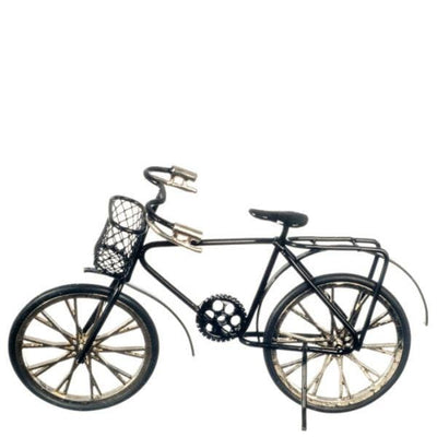 A black dollhouse miniature bicycle.