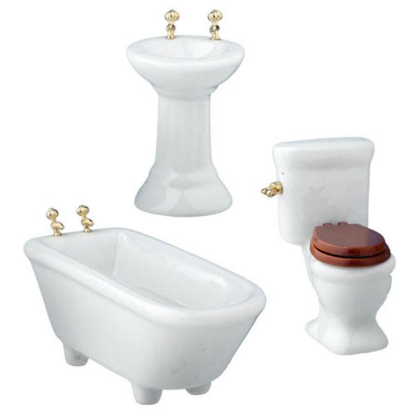 Dollhouse miniature ceramic bathroom set, bathtub, sink, toilet