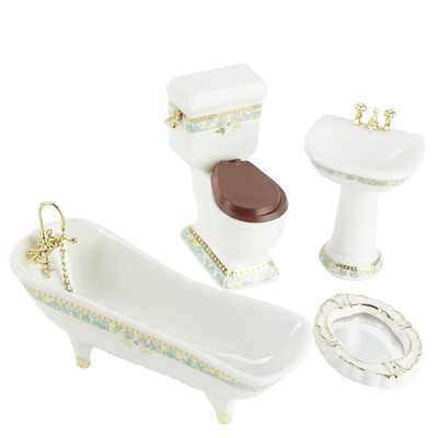 4-Piece White & Green Floral Porcelain Dollhouse Miniature Bathroom Set - Little Shop of Miniatures
