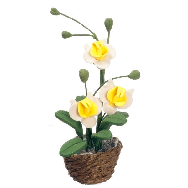 Yellow & White Dollhouse Miniature Orchid Flowers in a Basket