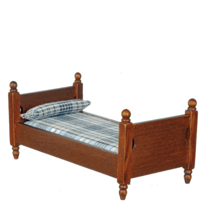 Walnut Dollhouse Miniature Twin Bed with Plaid Linens - Little Shop of Miniatures