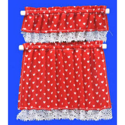 Red Heart Dollhouse Cottage Curtains - Little Shop of Miniatures
