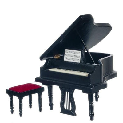 Black Dollhouse Miniature Grand Piano with Bench - Little Shop of Miniatures