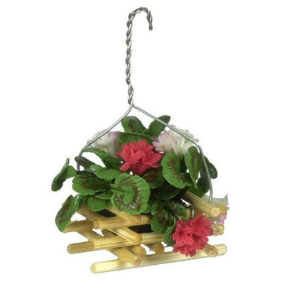 Hanging Dollhouse Miniature Basket of Red & White Geraniums - Little Shop of Miniatures