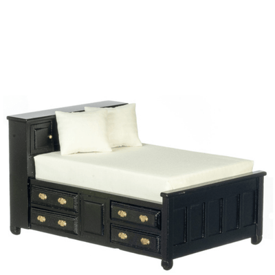 Black Dollhouse Miniature Double Bed with Drawers - Little Shop of Miniatures