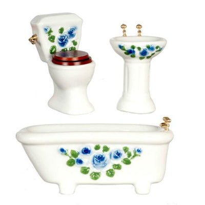 3-Piece Dollhouse Miniature Blue Floral Bathroom Set - Little Shop of Miniatures