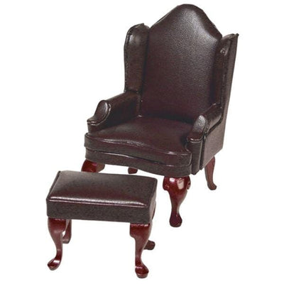 Dollhouse Miniature Brown Leather Wing Chair & Ottoman - Little Shop of Miniatures