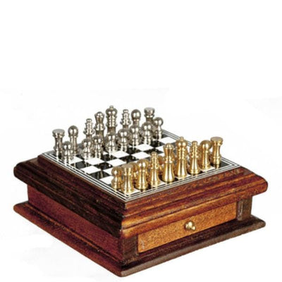 Dollhouse Miniature Walnut Chess Board with Drawer - Little Shop of Miniatures