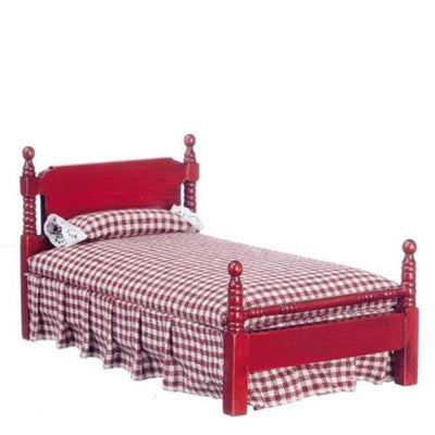 Mahogany Dollhouse Miniature Bed with Gingham Bedspread - Little Shop of Miniatures