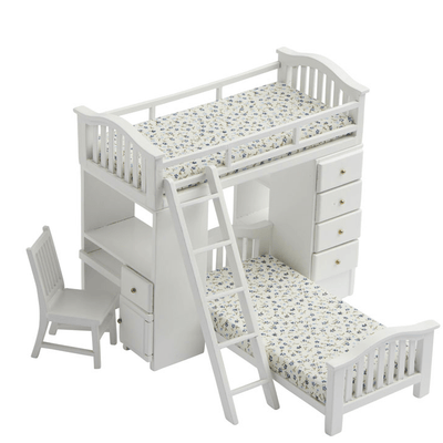 White Dollhouse Miniature Bunk Bed with Chair - Little Shop of Miniatures