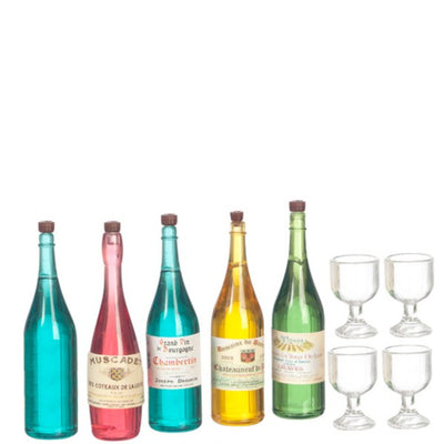 Dollhouse Miniature Wine & Champagne Bottles with Glasses - Little Shop of Miniatures