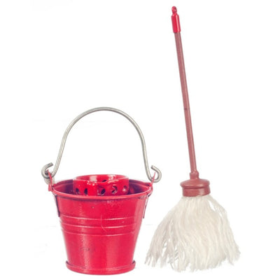Dollhouse Miniature Floor Mop with Red Ringer Bucket - Little Shop of Miniatures