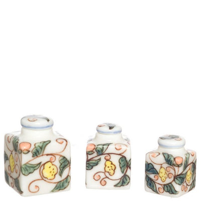 3 Handpainted Floral Dollhouse Miniature Canisters - Little Shop of Miniatures