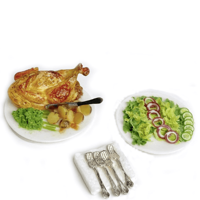 Dollhouse Miniature Roasted Chicken Dinner with Side Salad & Napkin Set - Little Shop of Miniatures