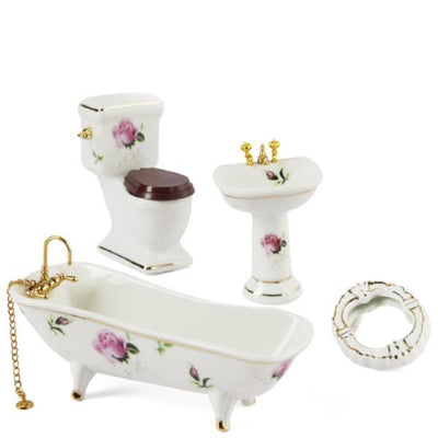 4-Piece Pink Roses Dollhouse Miniature Bathroom Set - Little Shop of Miniatures