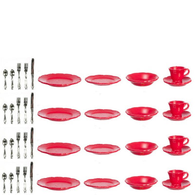 Dollhouse Miniature Red Dishes, Cups & Silverware Set - Little Shop of Miniatures
