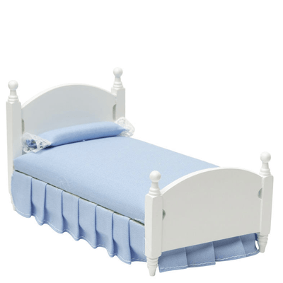 White Dollhouse Miniature Twin Bed with Blue Bedding - Little Shop of Miniatures