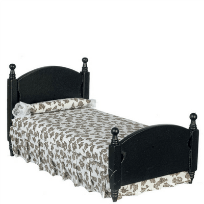 Black Dollhouse Miniature Twin Bed with Black Floral Linens - Little Shop of Miniatures