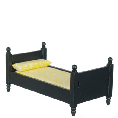 Black Dollhouse Miniature Twin Bed with Yellow Linens - Little Shop of Miniatures