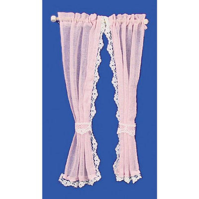 Pink dollhouse miniature curtains.