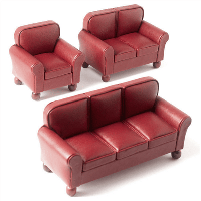 3-Piece Red Leather Dollhouse Miniature Living Room Set - Little Shop of Miniatures