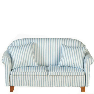Dollhouse Miniature Blue Stripe Sofa with Pillows - Little Shop of Miniatures