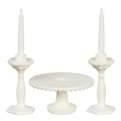 white dollhouse miniature cake stand and two candle sticks